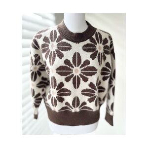 Women's Floral Crewneck Sweater in Cream & Brown